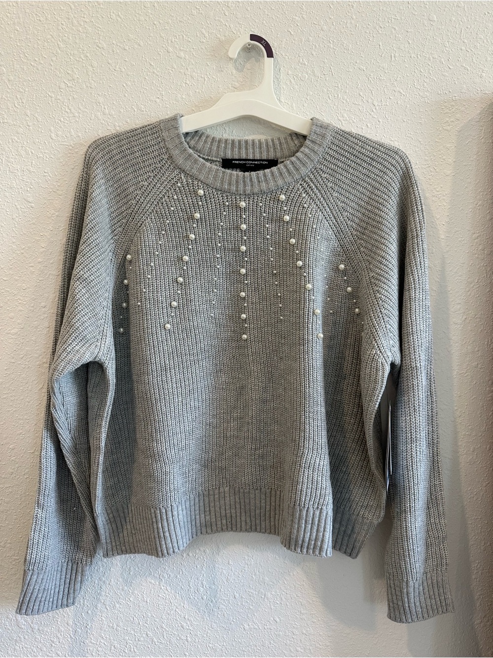 French Connection Gray Pearl-Embellished Crewneck Sweater